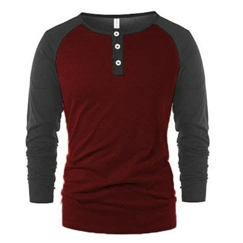 Long Sleeve T-shirt With Button - Wine & Dark Grey.