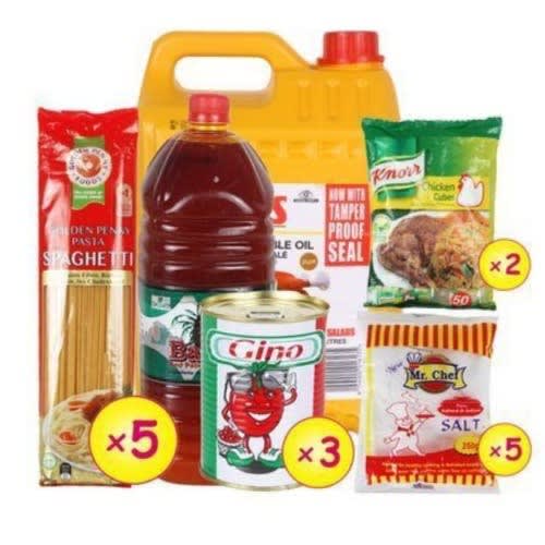 Food Combo  Spaghetti X5, Maggi Knorr X2, Salt X5, Gino X3 Vegetables Oil 5l Palm Oil 2l.