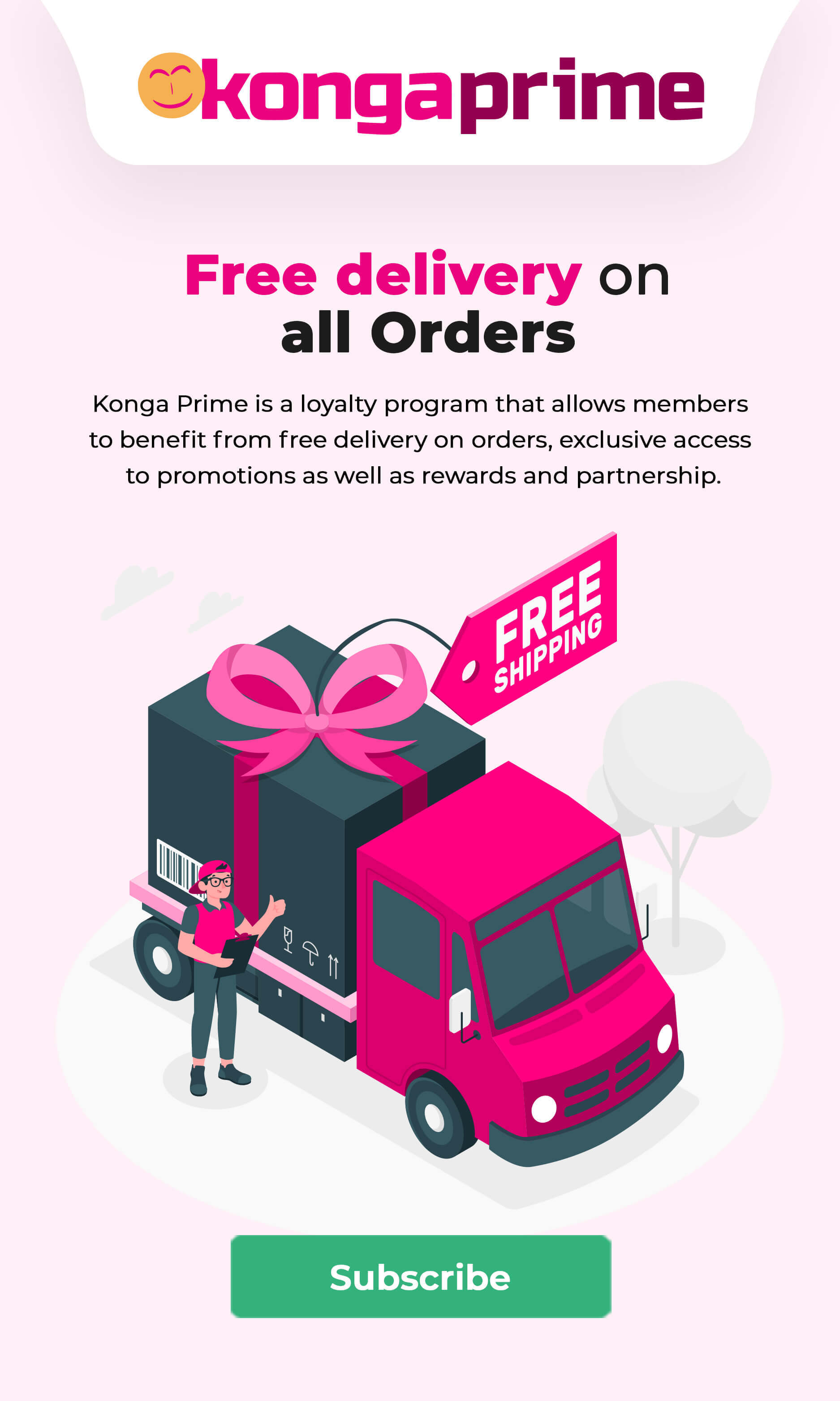 banner with text describing free benefits on K express, a subscribe button and an image