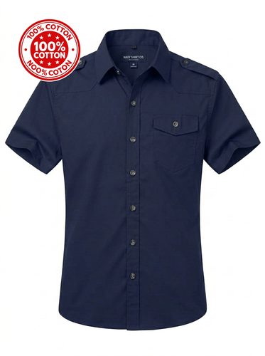 100% Cotton Mens Casual Cargo Shirt Pockets Short Sleeve Button Olive - Dark Blue / L