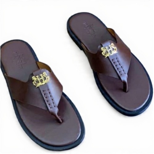 Brown/chocolate Leather Thong Slippers With Gold Stock Fancy