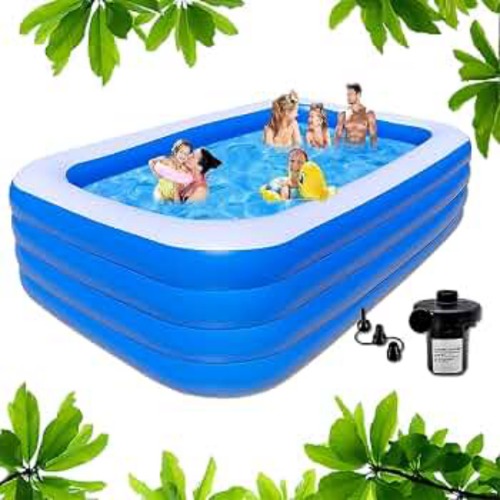 Family Fun Pool Kids And Adults - 4 Rings With Air Pump Rectangle Pool Above Ground Swimming Pool