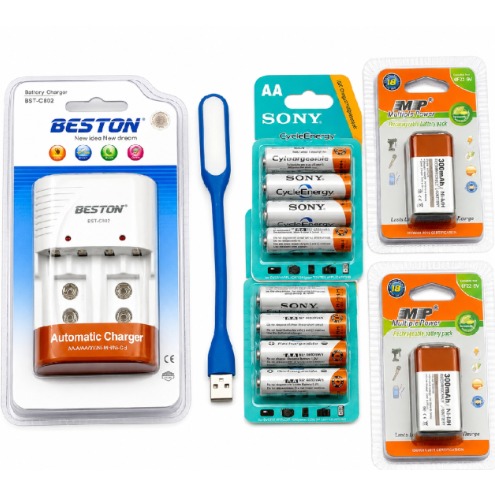 Rechargeable Sony Battery Aa 8pcs And Beston Charger + Free Usb Light And 9 Voss Battery