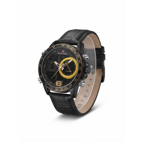 Leather Strap Men's Wrist Watch - Black