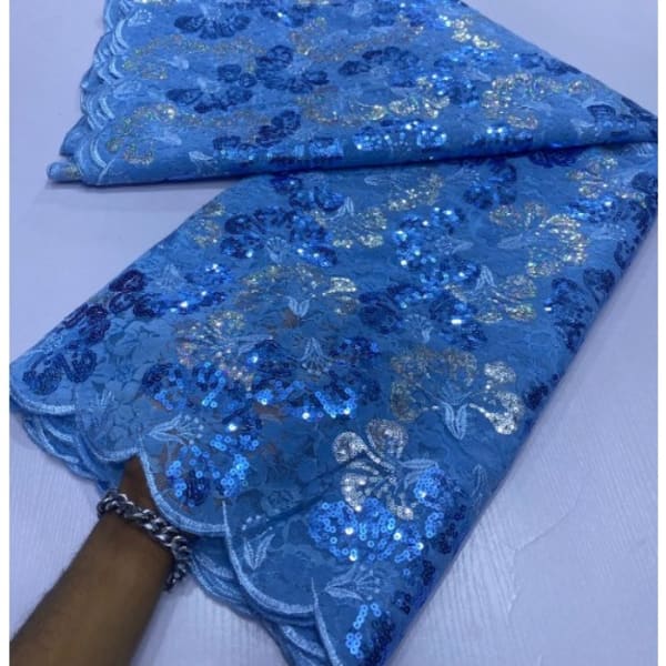 Sequence Shiny African Lace Fabric - Royal Blue