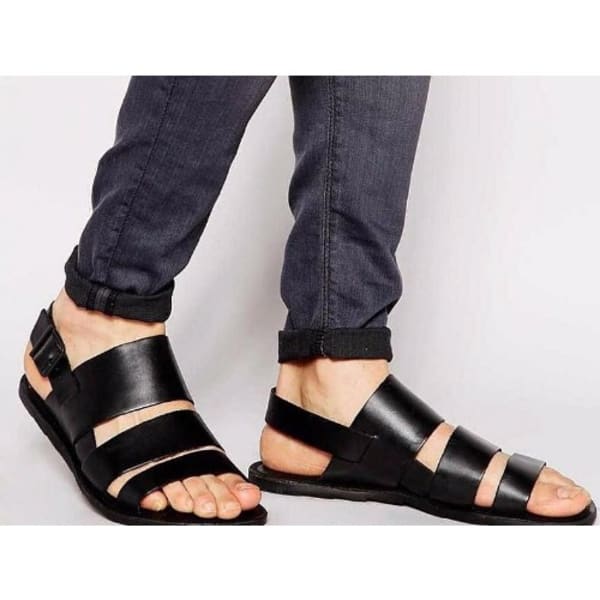 Classic Men s Triple Strap Simple Italian Leather Sandal Black