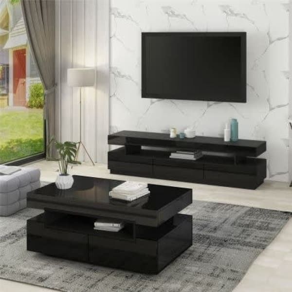 Royal Glossy Glasgow Tv Stand With Center Table Black Konga