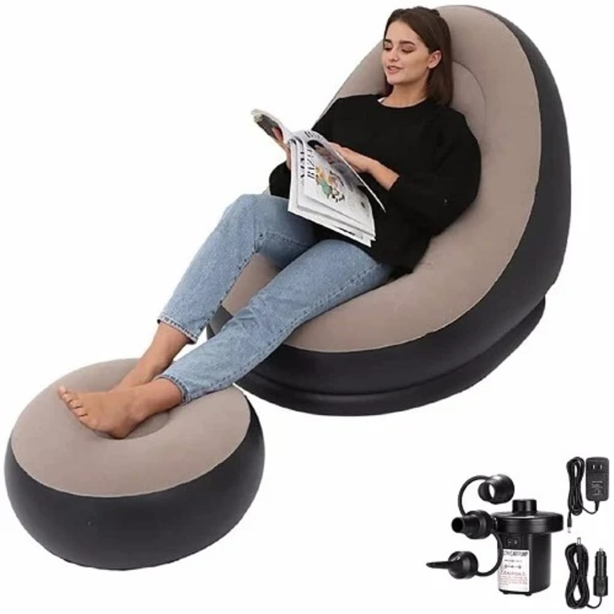 Person relaxing on inflatable sofa with footrest