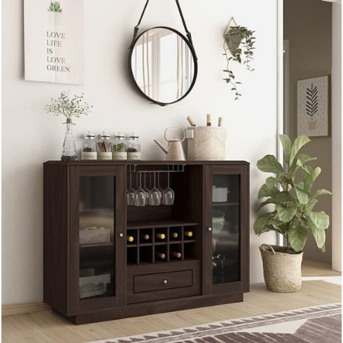 Rustic buffet table online with wine rack