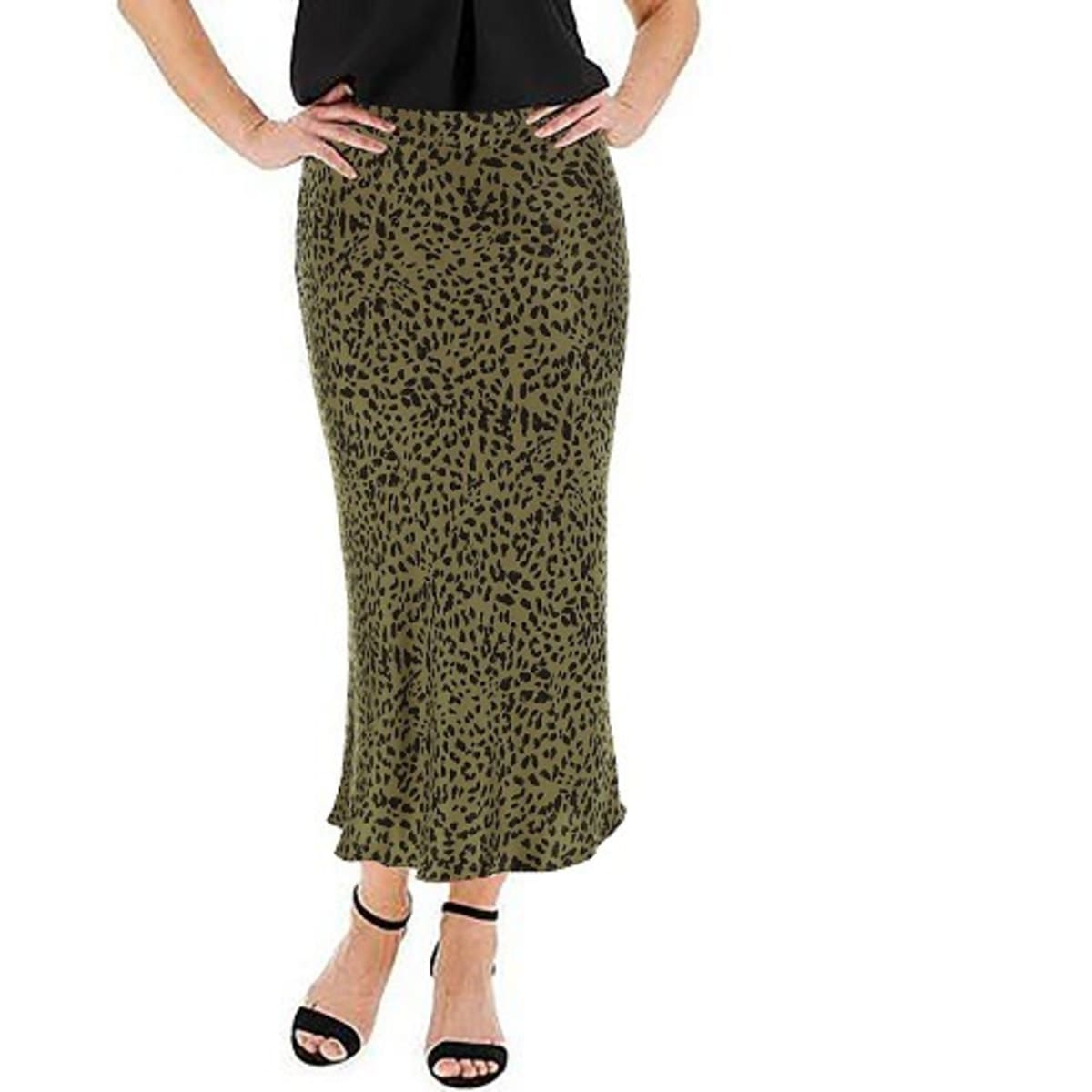 Khaki Animal Print Satin Column Midi Skirt Plus Size 18 To 22
