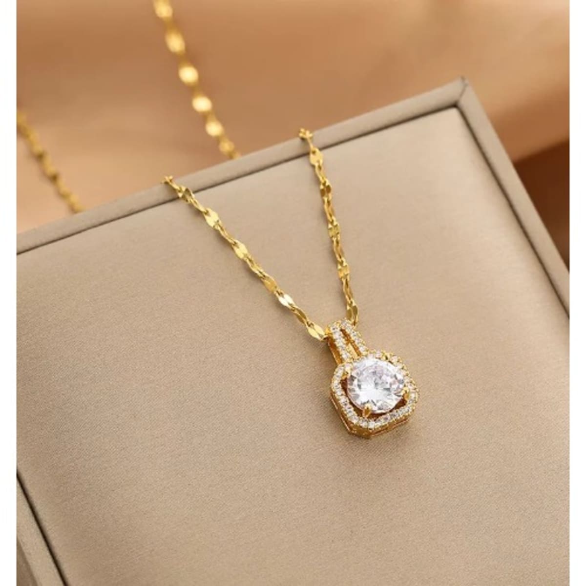 Crystal Square Stoned Cubic Zirconia Pendant Necklace Gold