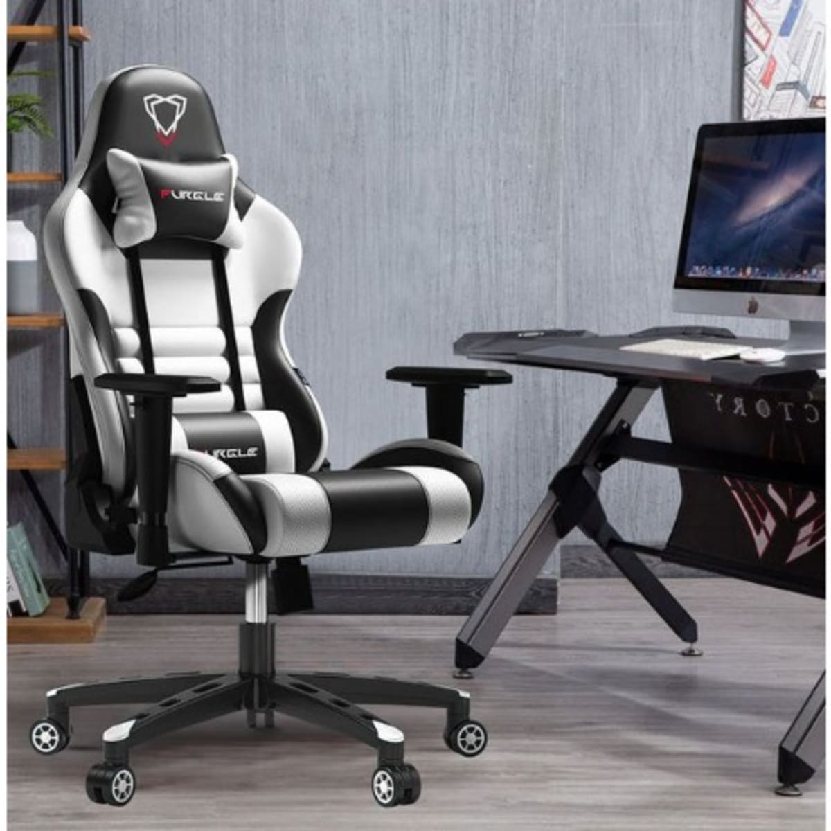 Black and white shop gaming chair with footrest