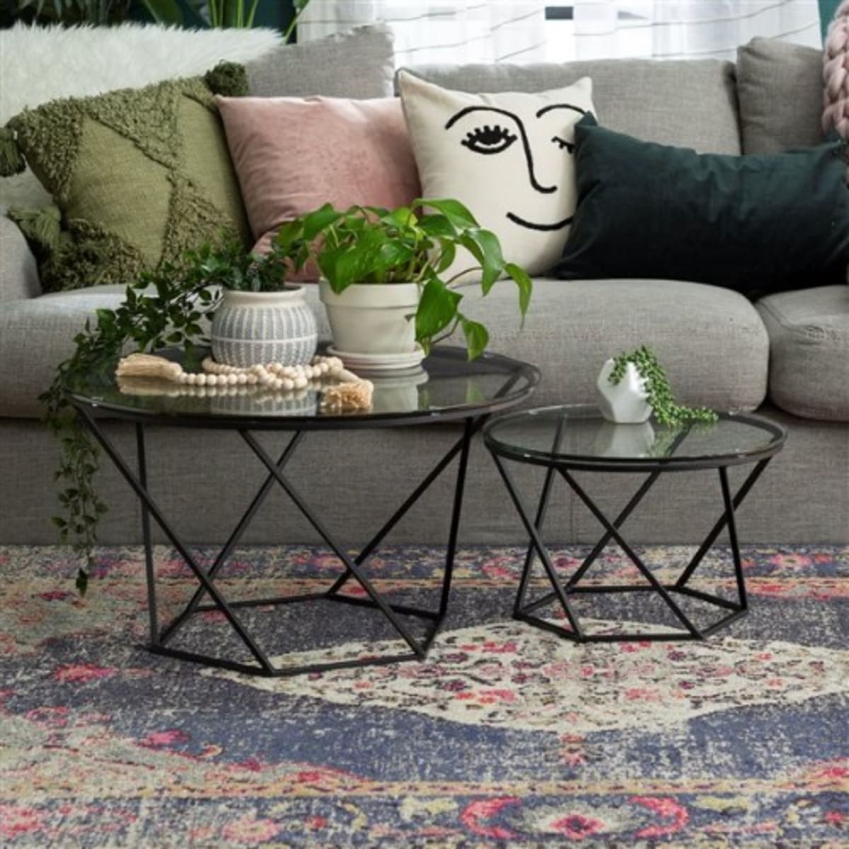 Walker Edison Geometric Glass Nesting Coffee Tables Black