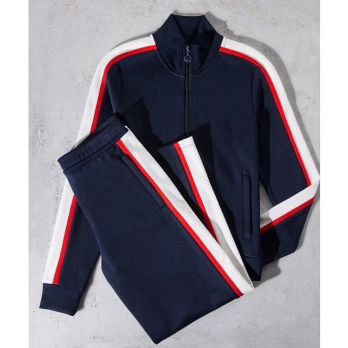 White sweatshirt with sale red and blue stripe