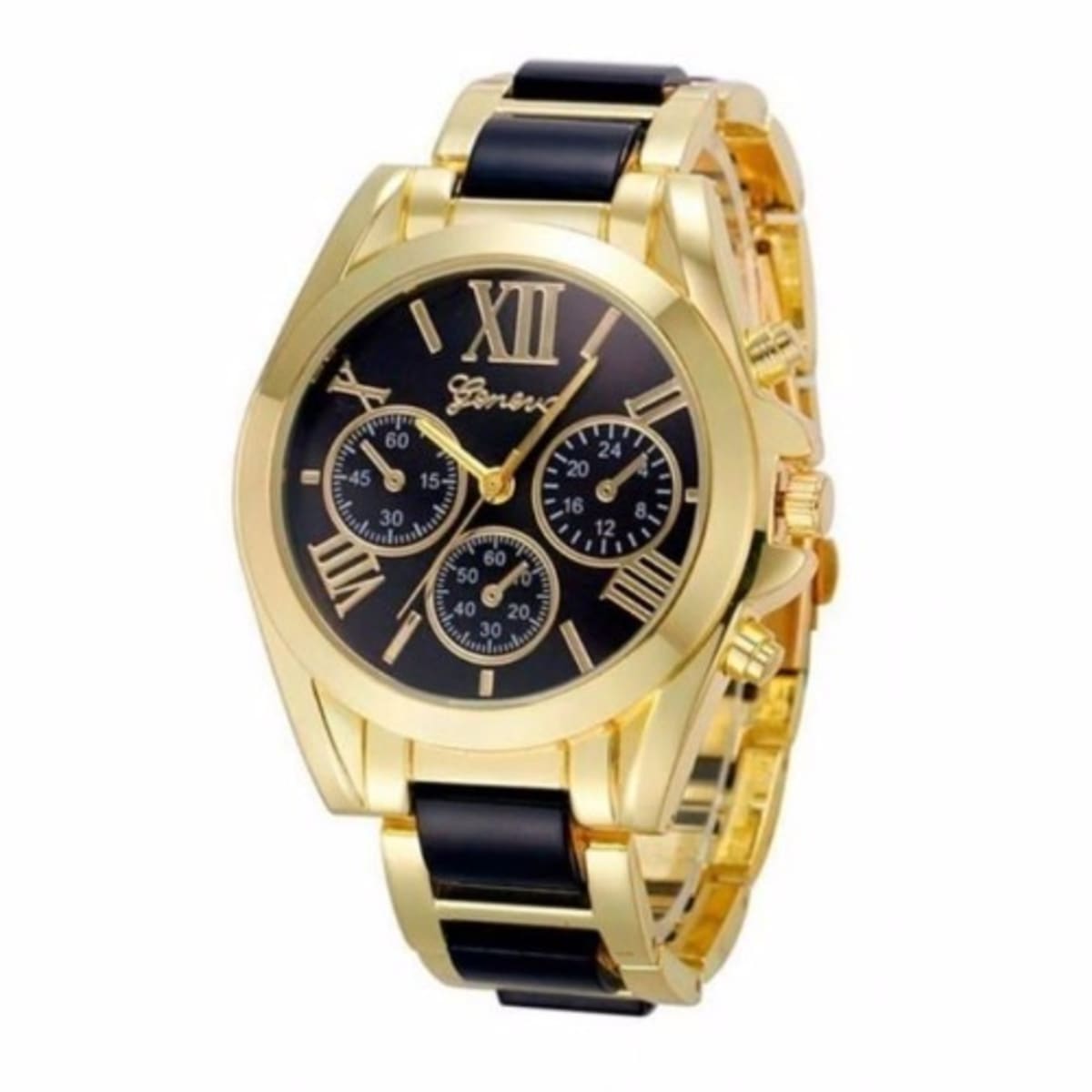 Geneva black sales and gold watch