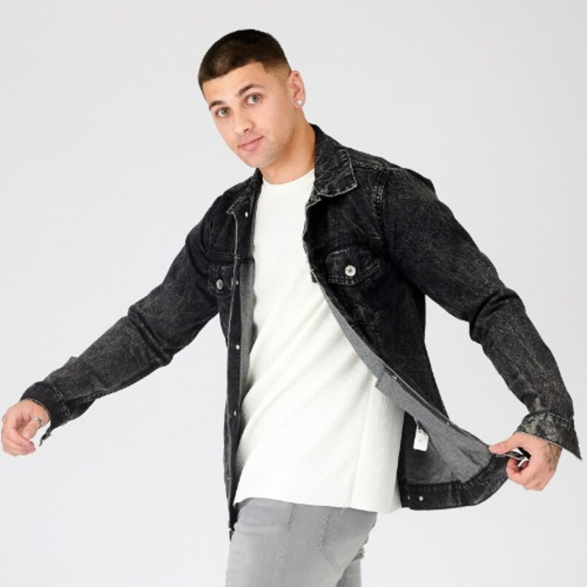 Mens Denim Jeans Jacket Western Style Black Acid Wash Konga