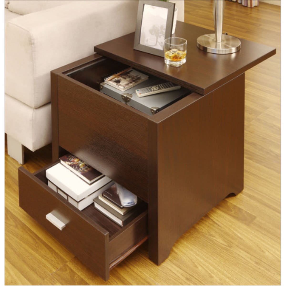 Espresso side shop table with storage