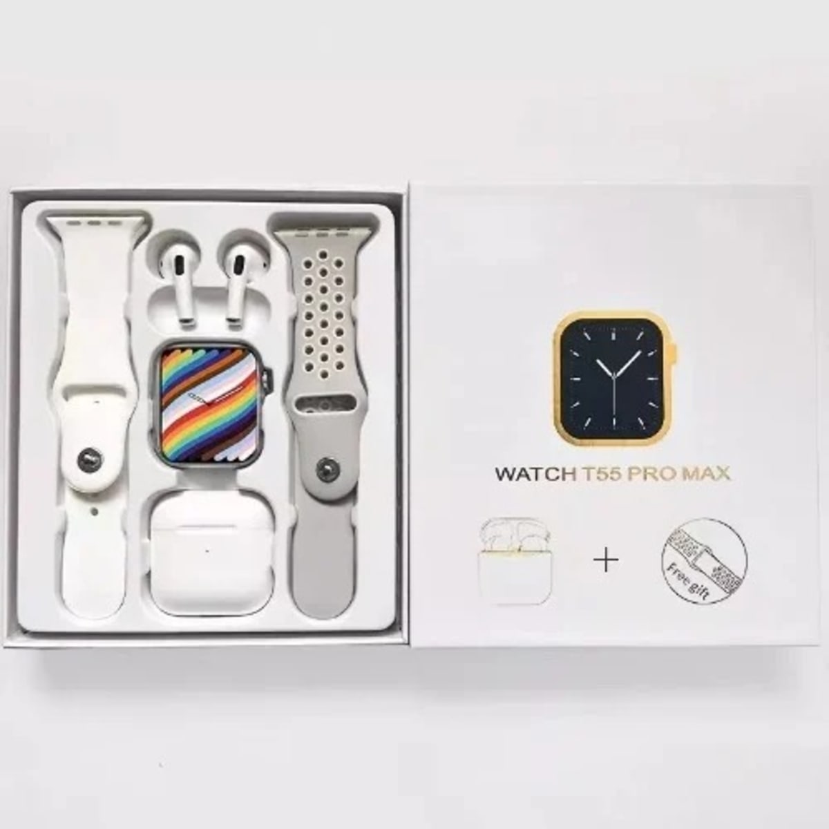 T55 Pro Max Smart Watch With Free Bluetooth Earbuds White