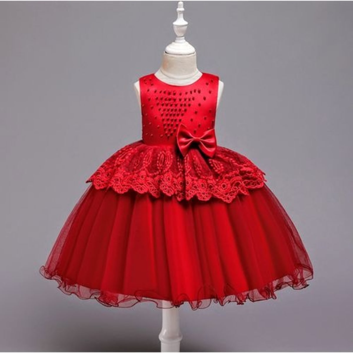 Girl s Beaded Bow And Layered Waist Dress Red