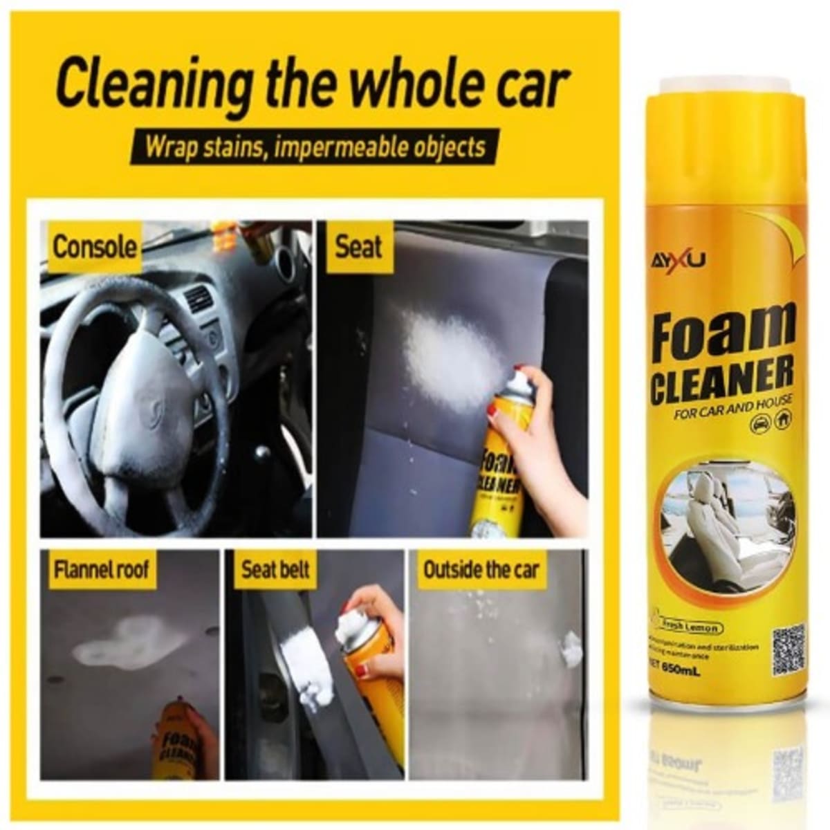 Multifunctional Axyu Foam Cleaner Spray To Clean Car & House Lemon Scent -  650ml