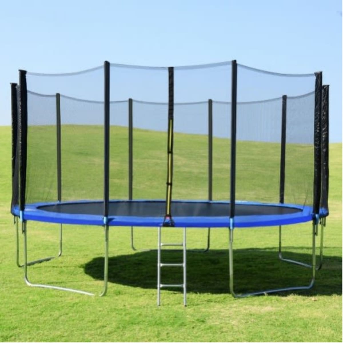 Trampoline with ladder outlet and enclosure