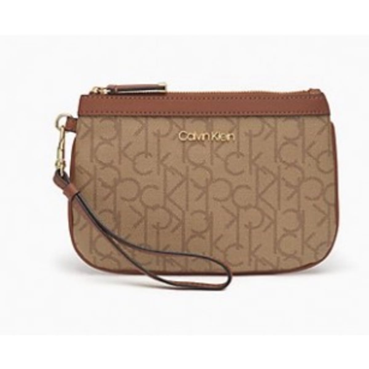 Calvin Klein Monogram Logo Large Zip Wristlet Khaki Brown Konga