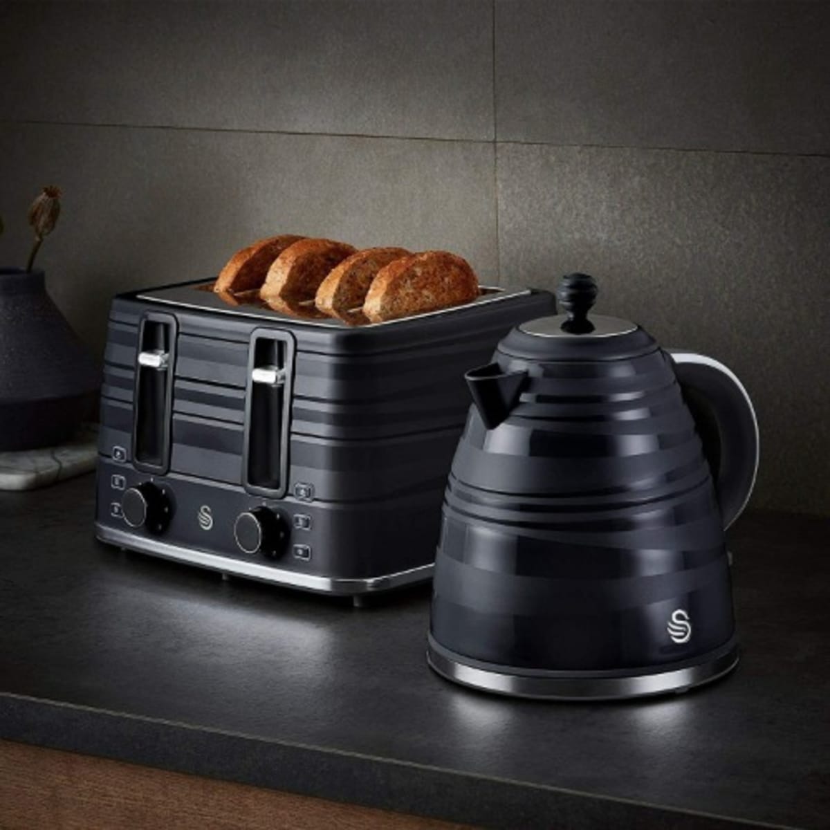 Swan Symphony Jug Kettle 1.7L 4 Slice Toaster Set Black