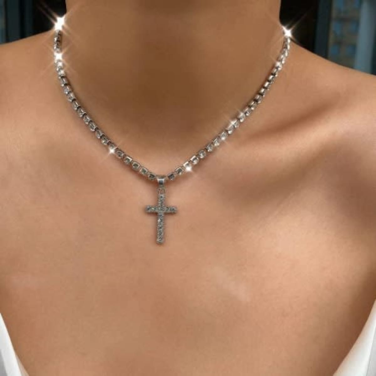 Silver rhinestone store cross necklace