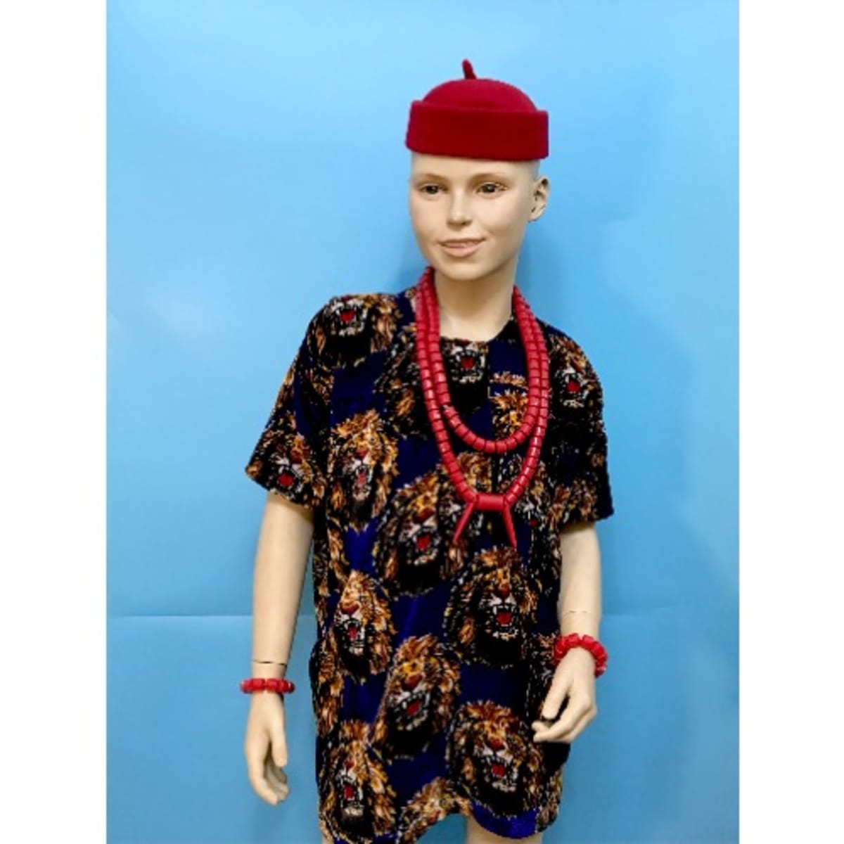 Children Boys Igbo Ibo Cultural Wear Set Beads Red Cap With Velvet Isiagwu Royal Blue