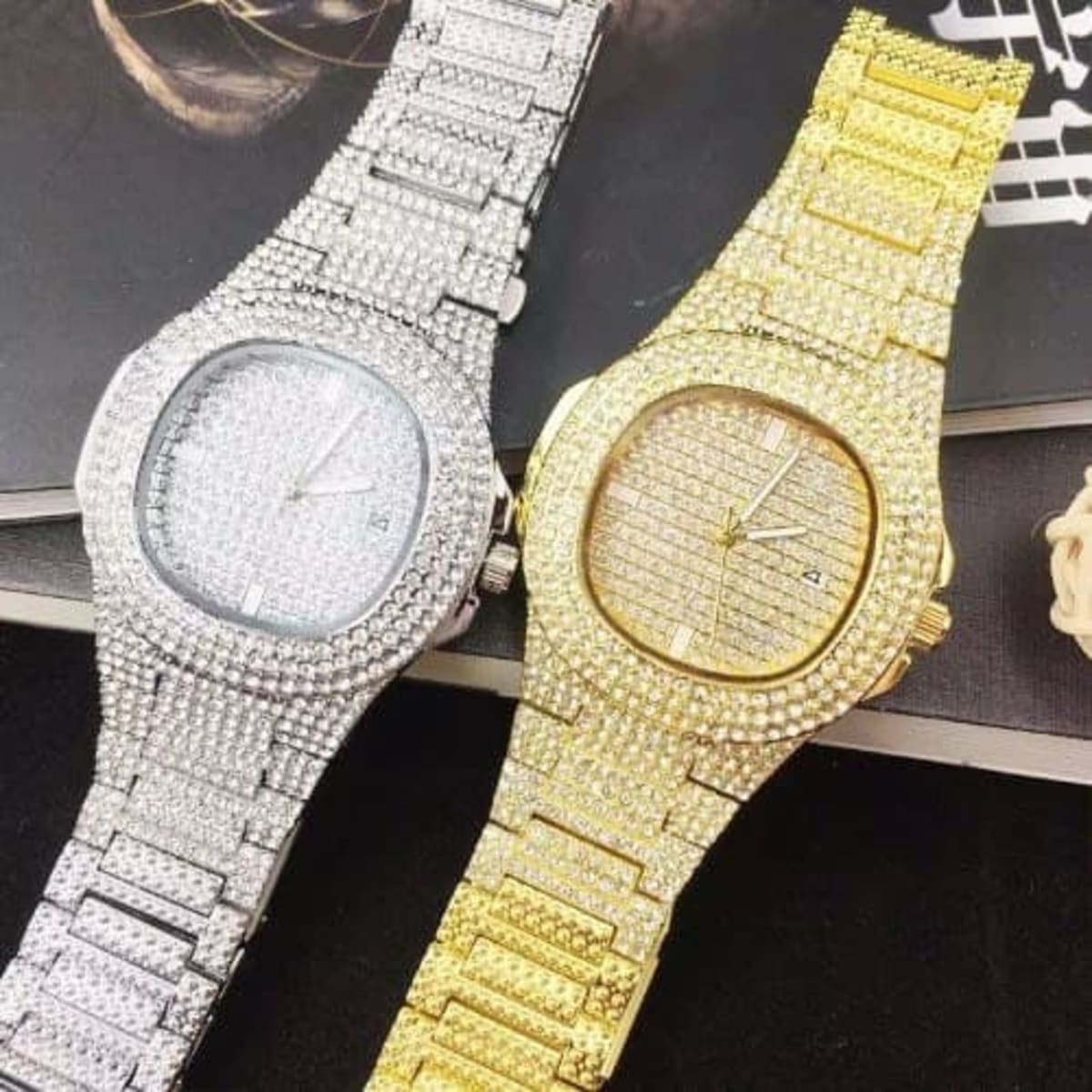 Diamond encrusted gold watch hot sale