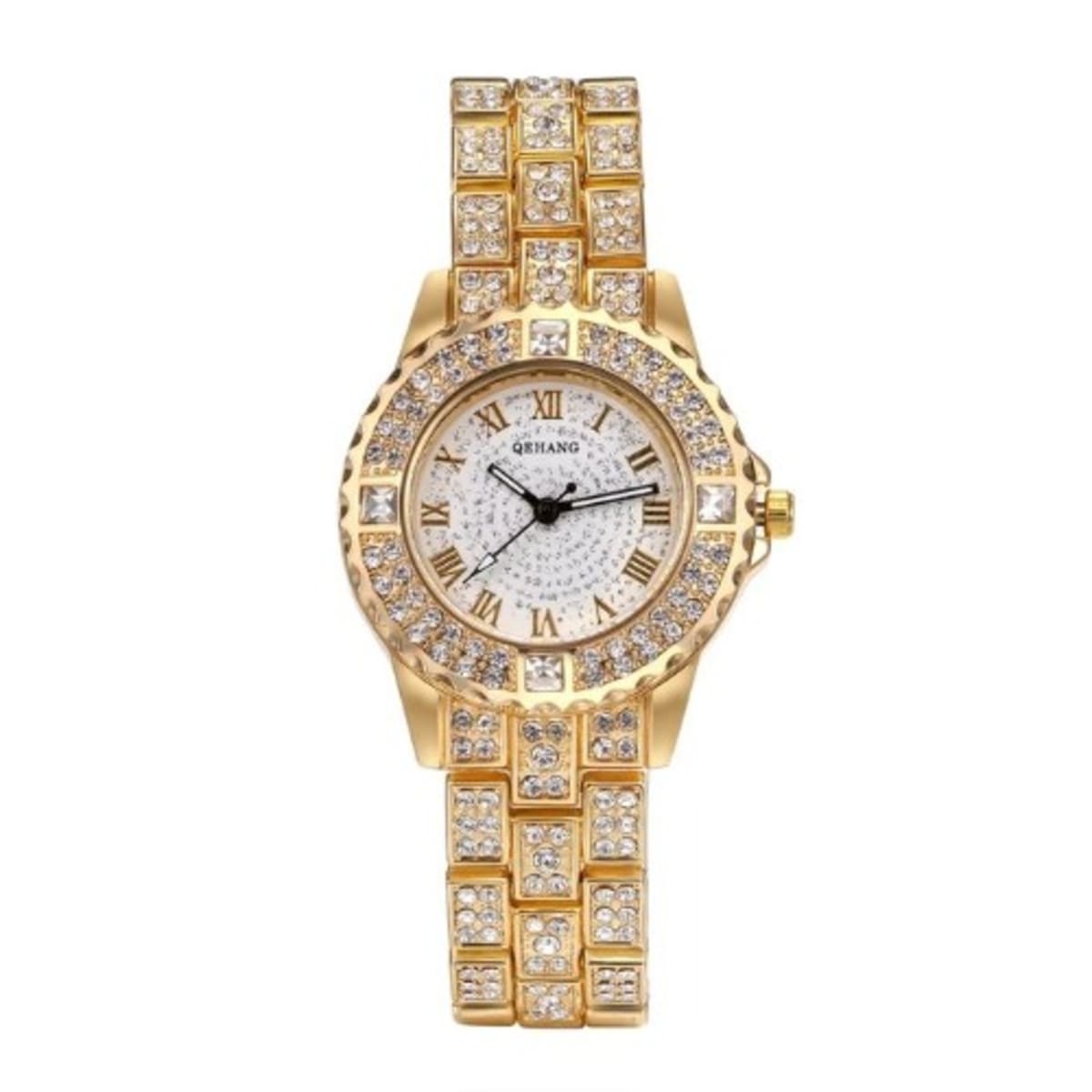 Geneva 2 In 1 Rhinestone Female Wrist Watch And Gold Bracelet