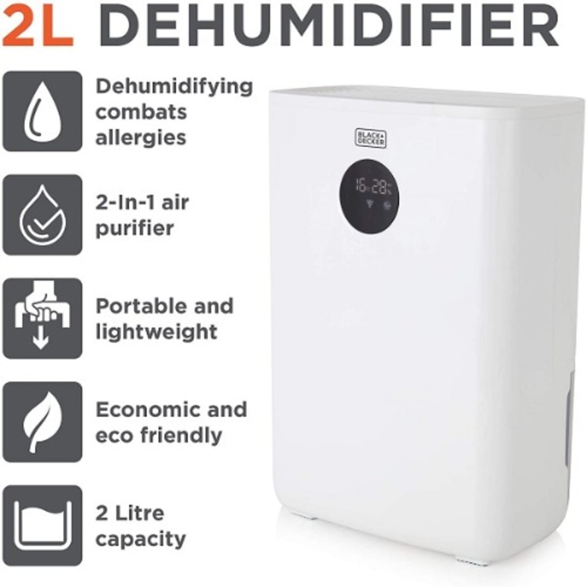 Black+Decker Dehumidifier & Air Purifier 2L - White