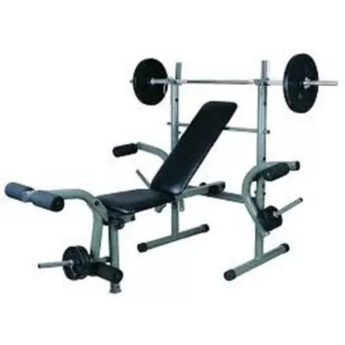 Weight bench with top bar and plates