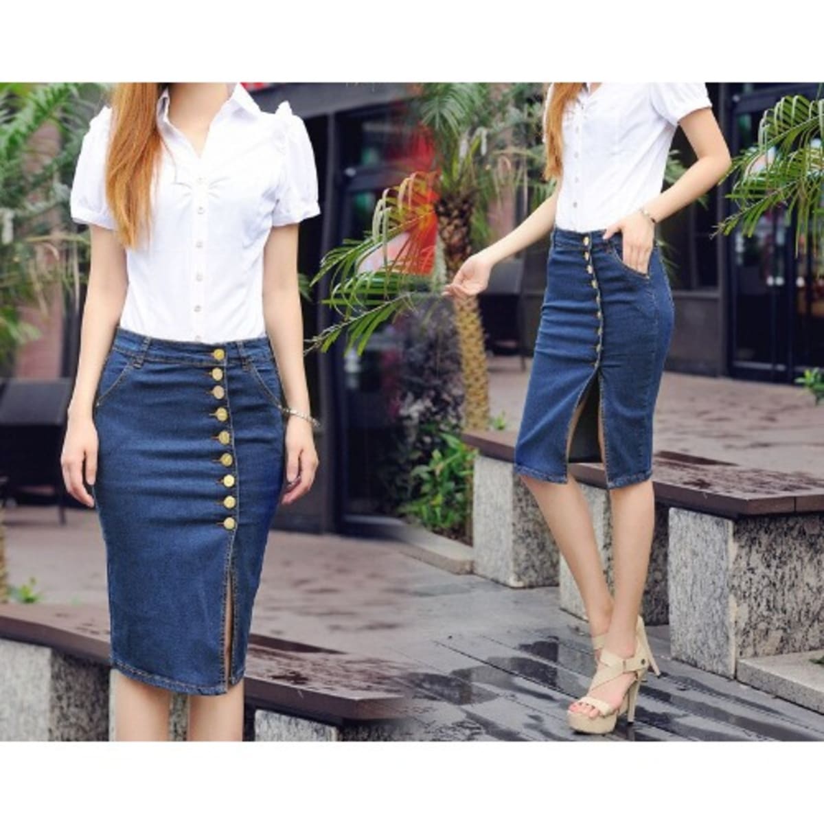Jeans skirts knee new arrivals length online