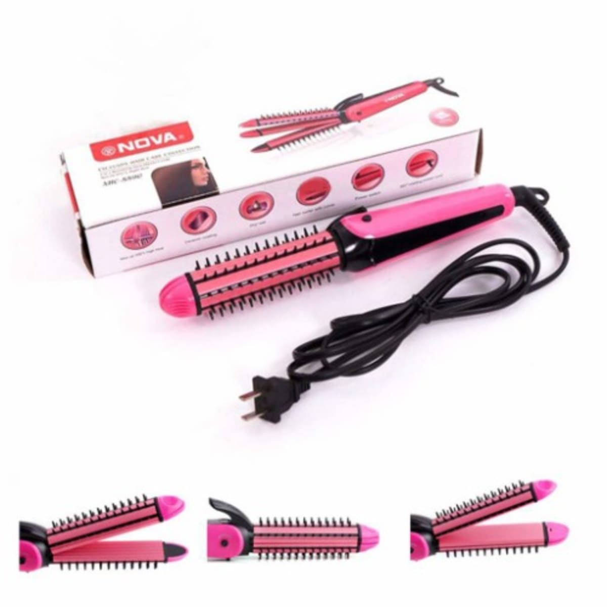 Nova 3 In 1 Hair Crimper Straightener And Curler 35W Pink