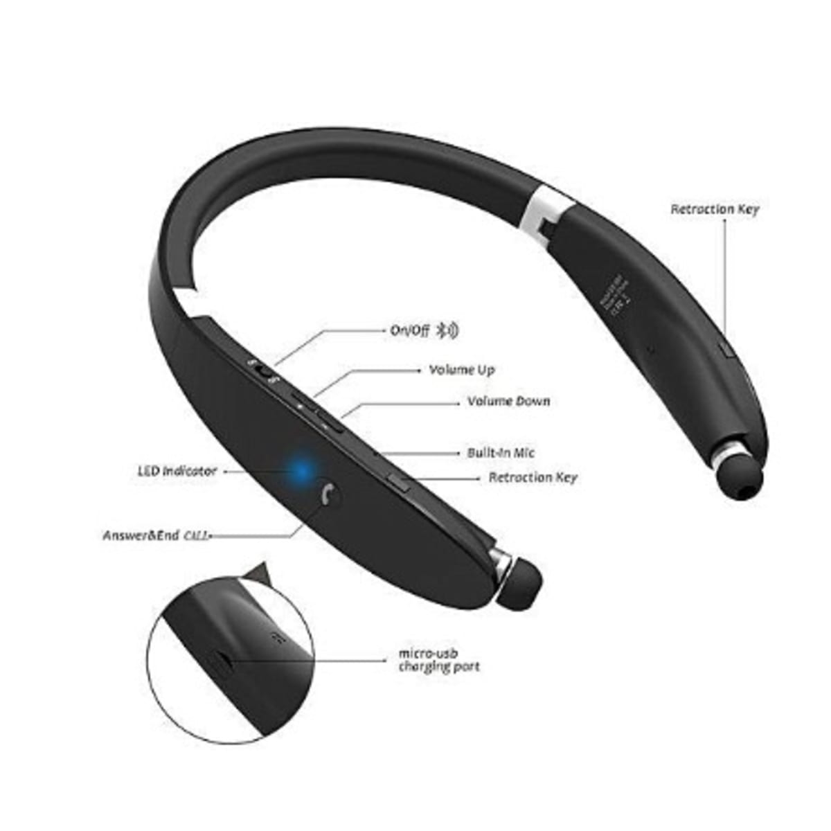 Neckband bluetooth headphones retractable deals