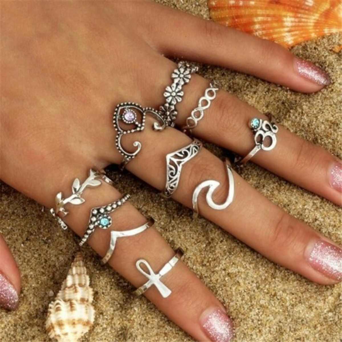 Maestro Makeover Vintage Knuckle Rings 10 Pieces Silver