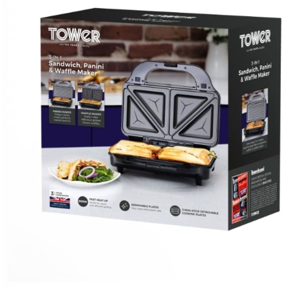 Tower 3 in 1 Deep Filled Snack Maker With Non stick Coated Plates