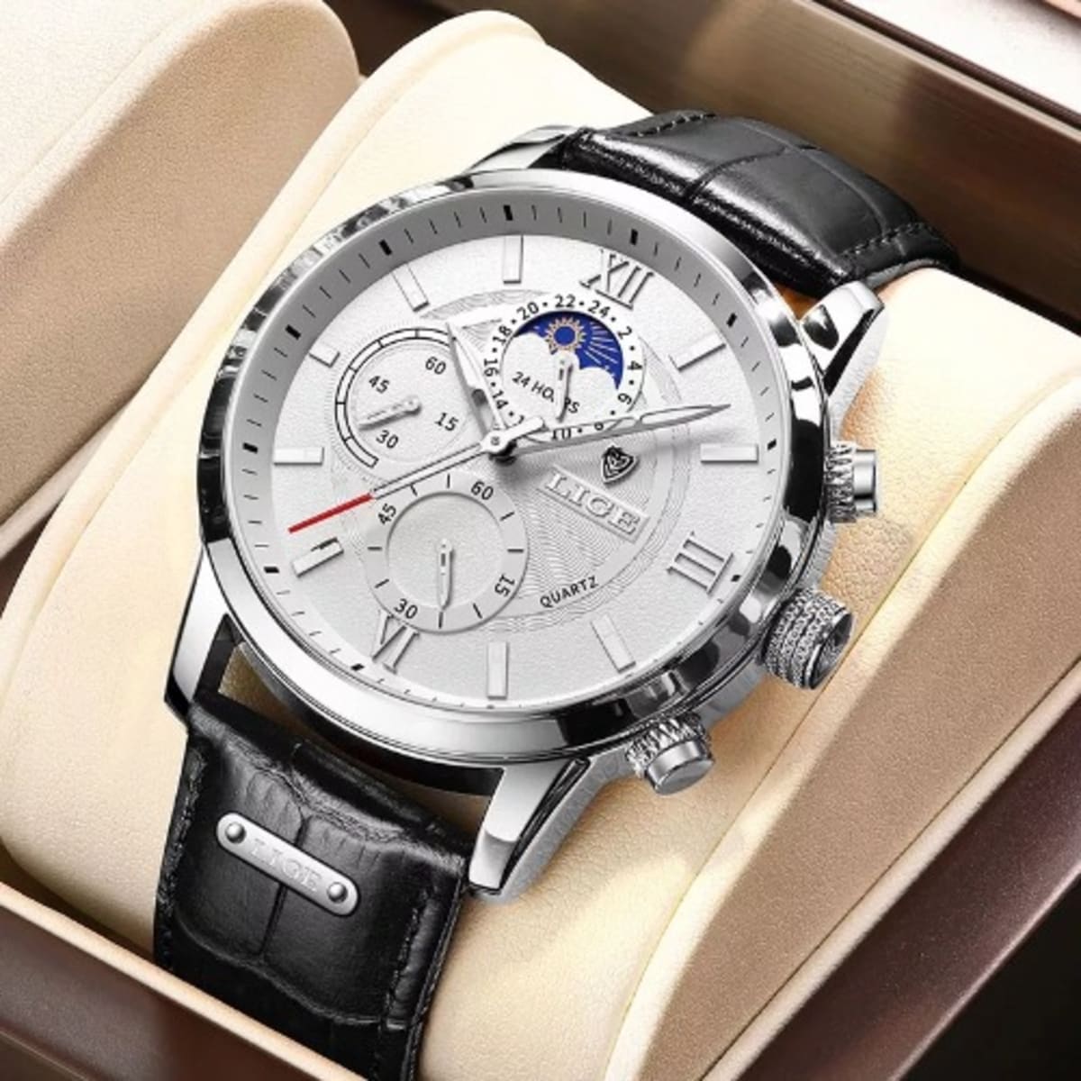 Lige Leather Waterproof Luminous Quartz Watch Black Konga