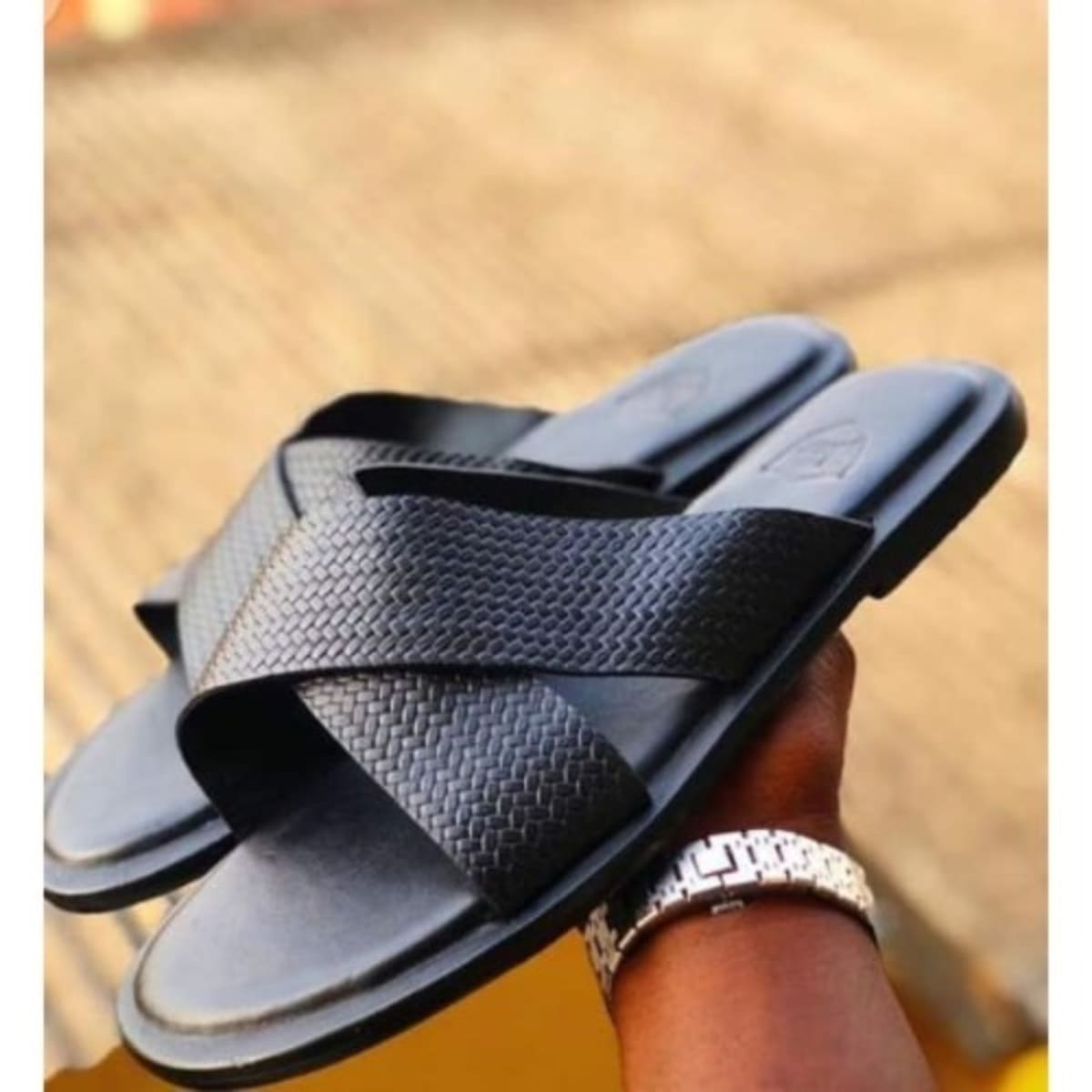 Mens slides leather sale