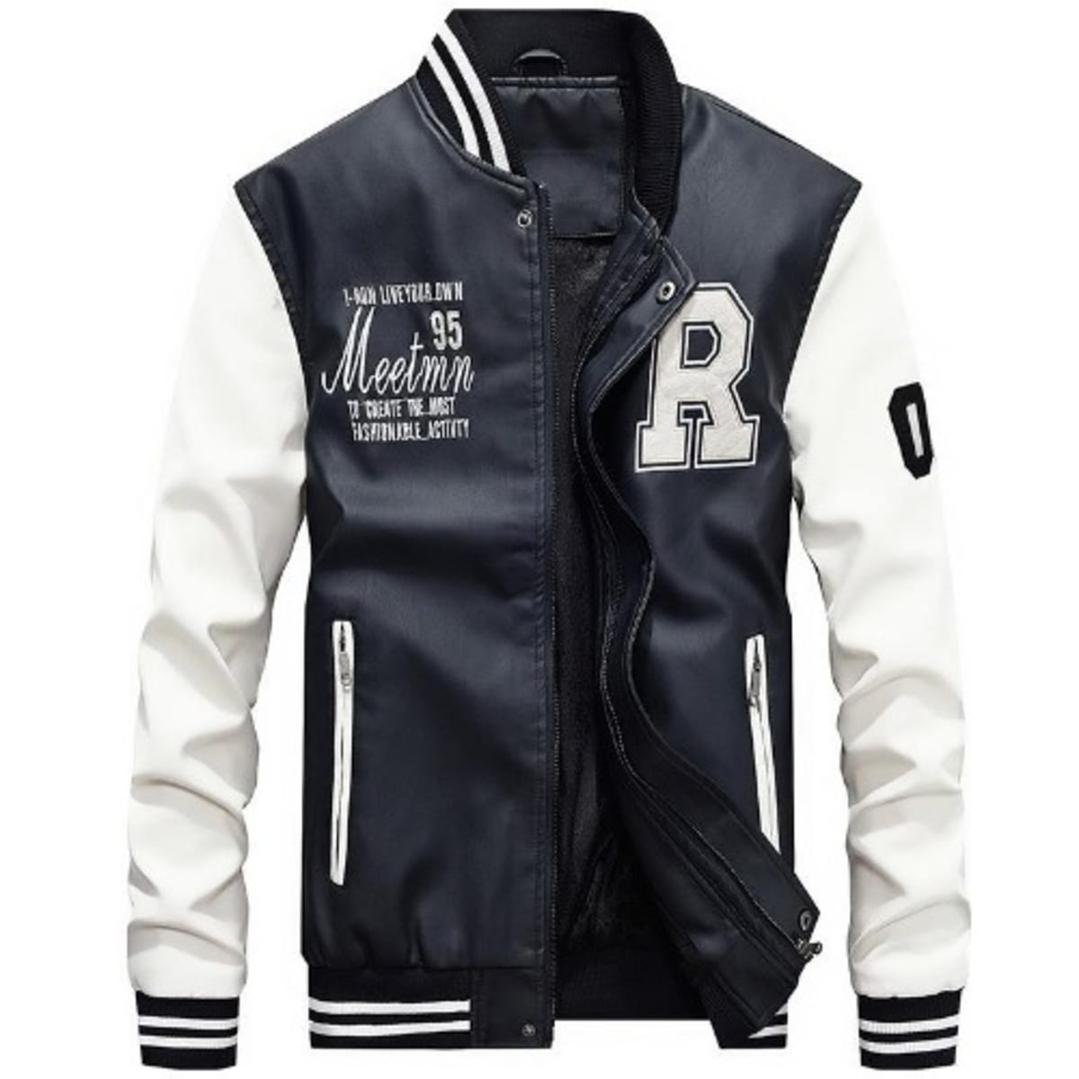 Men s Jacket Faux Leather Casual Bomber Jacket Black white