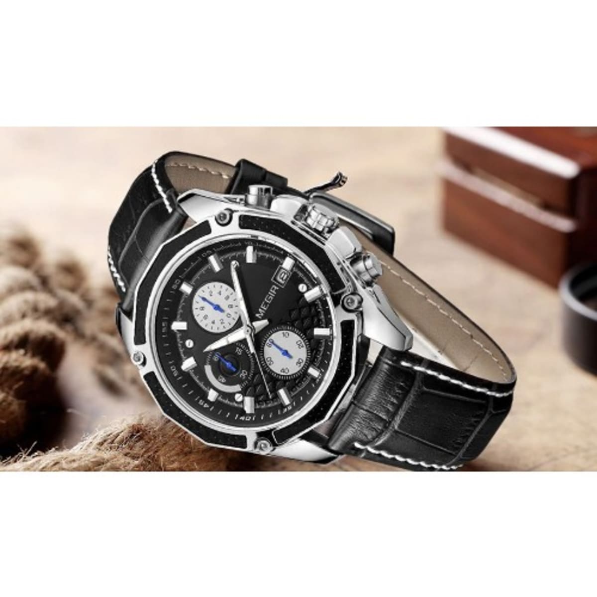 Megir Unisex Chronograph Leather Sports Watch Black Konga