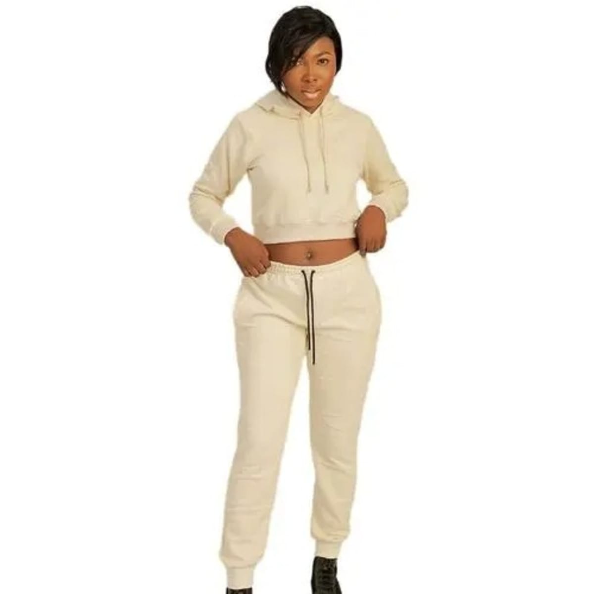 Fashion House Women's Set Of Joggers And Crop Hoodie - Up & Down - Cream