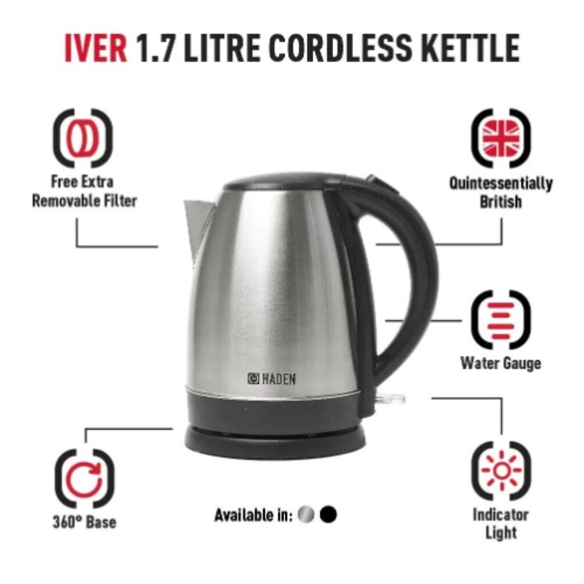 Haden Iver Silver Kettle Lightweight 1.7l Electric Kettle Auto