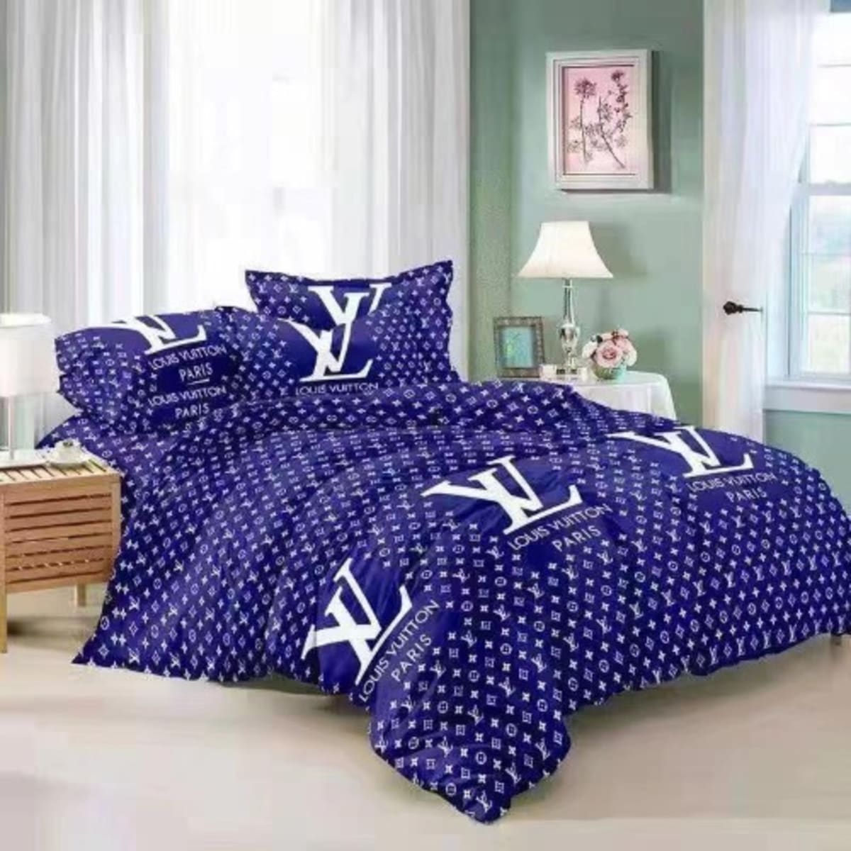 lovely blue louis vuitton bed sheet