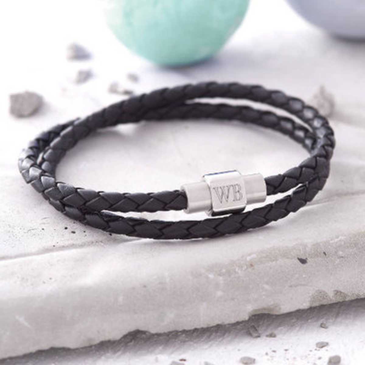 Personalised men's double store leather wrap bracelet