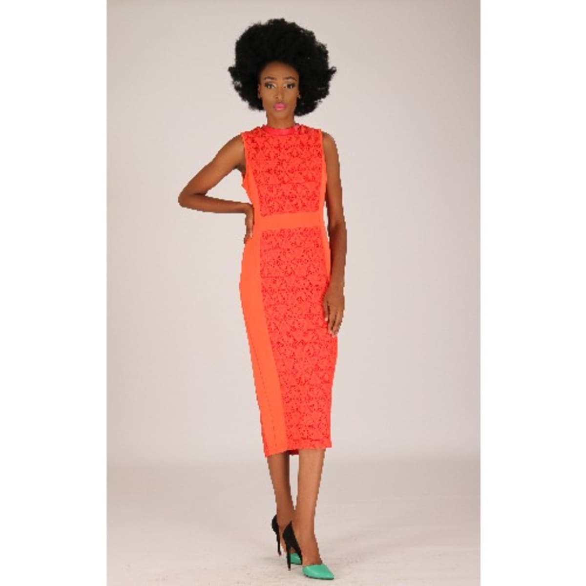 Xtamaliy Midi Lace Dress Orange with Red leather Neck Collar