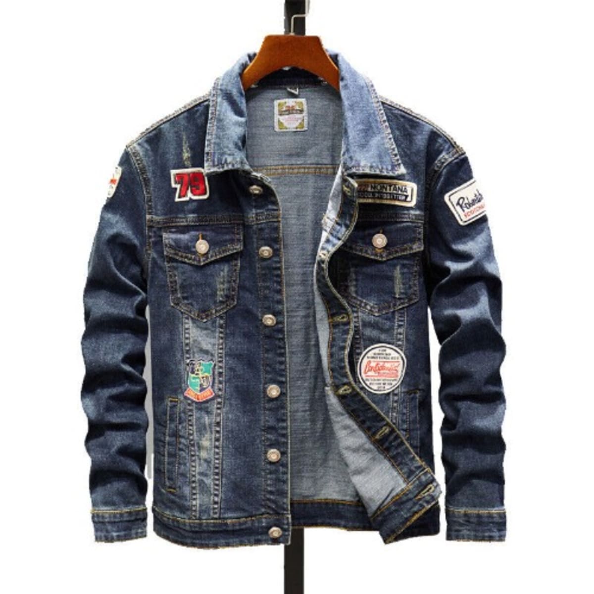 Mens Badge Denim Jeans Jacket Fit Cotton Summer Casual Coat