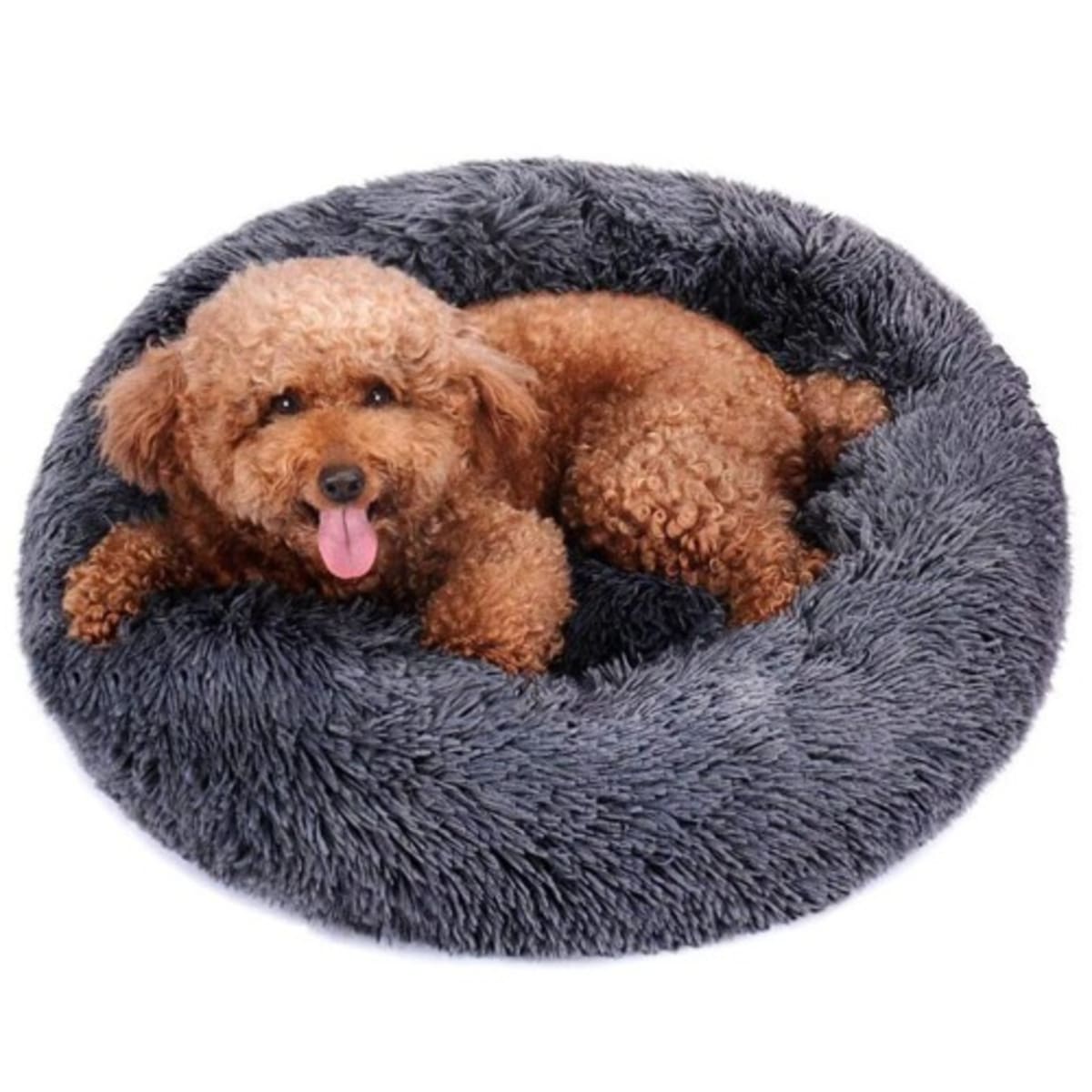 TD Donut Shaped Plush Calming Faux Fur Pet Bed Dark Grey