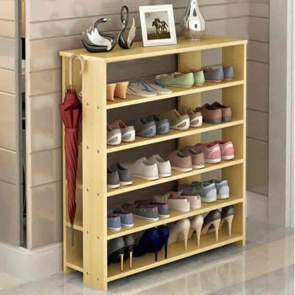 Relaxdays Shoe Rack, 2 Shelves, for 6 Pairs, Bamboo & Birch Wood, 33 x 70 x  26 cm, Footwear Storage, Natural/White